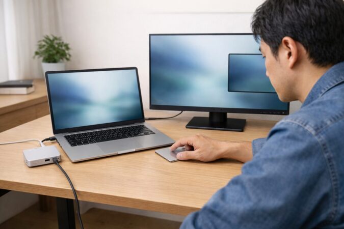 Macの外部ディスプレイ配置を調整してマウス移動トラブルの再発を防ぐ作業イメージ