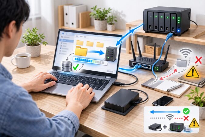 NASへ直接保存する際の通信安定性と運用注意点を示すバックアップ構成イメージ