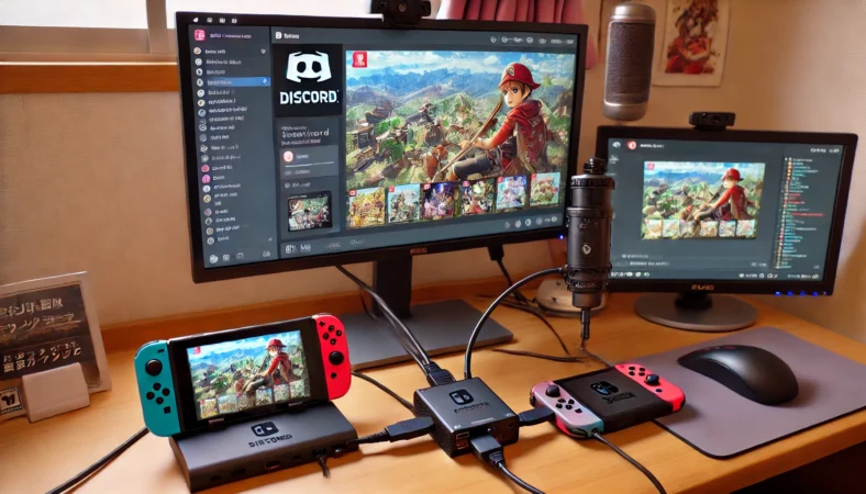 デスク上でDiscordとSwitch画面の同時表示を行う日本人ユーザーのPC環境。Switchはドック経由でHDMI接続され、キャプチャーボードを通じてPCに映像を出力。Discordでは画面共有が進行中で、Switchの画面共有にはPCが必須であることを示す構成。