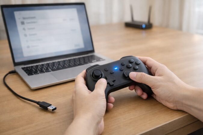 PCのBluetooth設定でコントローラーをペアリングし、USBアダプタを延長して安定化するイメージ