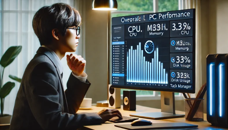 日本人ユーザーがWindowsのタスクマネージャーでPC全体の負荷状況（CPU・メモリ・ディスク使用率）を確認している様子。