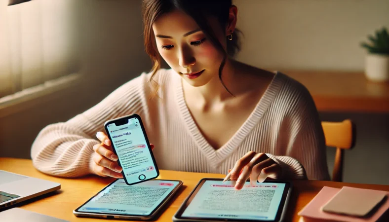日本人女性がiPhoneとiPadを使ってメモの内容を比較し、消えた文字の復元を試みている様子