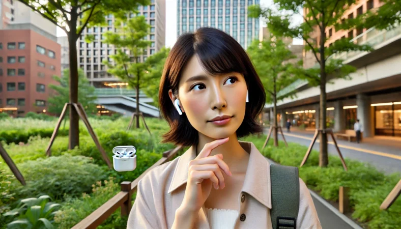 都市公園を一人で歩きながらAirPods Pro 2を装着している40代の日本人女性。使用寿命について考えている様子がうかがえる表情と落ち着いた風景。