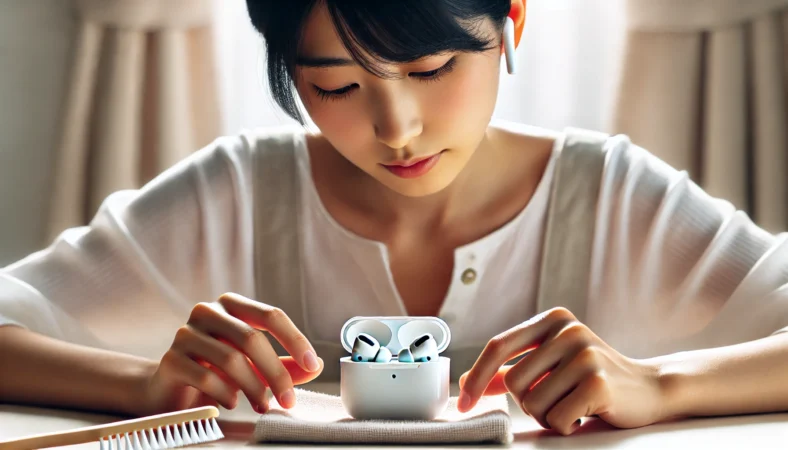 清潔な室内で日本人のユーザーがAirPods Proのメッシュとマイク部分を丁寧に確認している様子。テーブル上にはクリーニングブラシとクロスが置かれている。