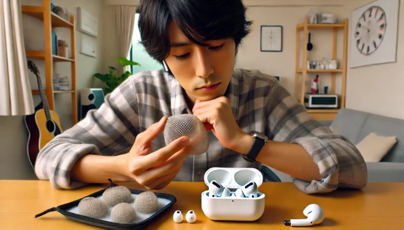 静かな室内で日本人のユーザーがAirPods Proのイヤーチップを交換しており、サイズ違いのチップが並んだトレイから適切なものを選んでいる様子。