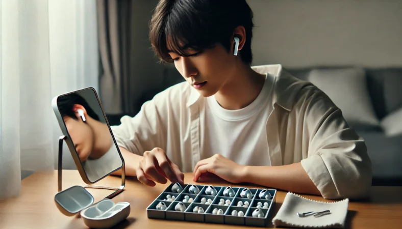 3年以上使ったAirPods Proを日本人のユーザーがデスクで点検し、劣化したメッシュやイヤーチップを新しい部品と比較して検討している場面。