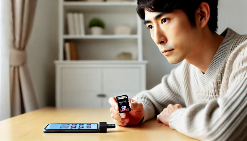 整理された自宅のデスクで、日本人がSDカードリーダーをiPhoneに接続し、写真の転送作業を行っている様子。iCloudを使わない写真退避手段としてのSDカード運用を表現。