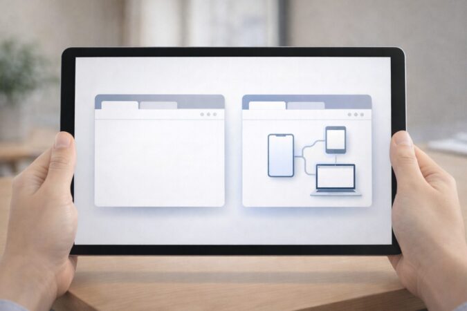 iPhone標準ブラウザ的な一体感とアカウント同期で端末をまたぐブラウザの違いを比較するイメージ