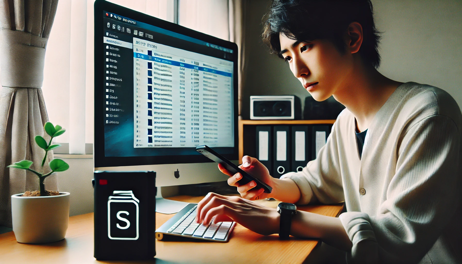 自宅でPCにスマートフォンのデータを転送している日本人。クラウド削除のリスクを避けるため、外付けSSDにファイルを保存している様子。