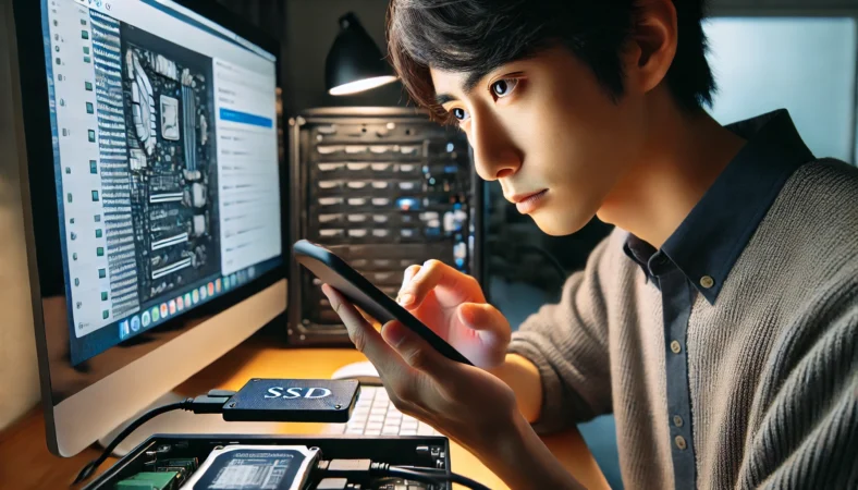 スマートフォンをPCと接続し、外付けSSDに大切なデータを転送している日本人。クラウド削除に備えて安全にバックアップを取っている場面。