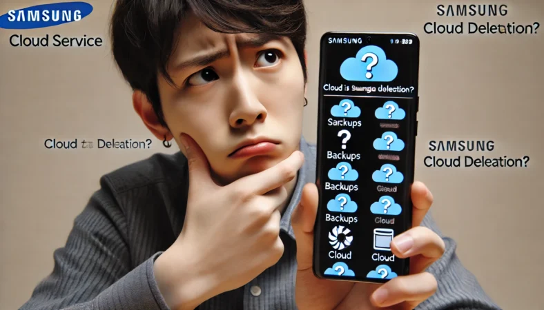 スマートフォンに表示されたクラウドサービスの警告を不安そうに見つめる日本人ユーザー。バックアップとクラウドのアイコンが示され、データ削除の可能性に戸惑っている様子。