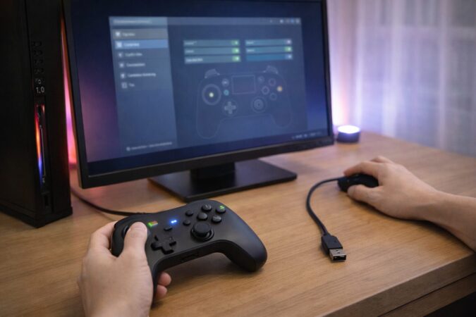 PCゲームプラットフォームのコントローラー設定で入力テストとレイアウト調整をしている様子