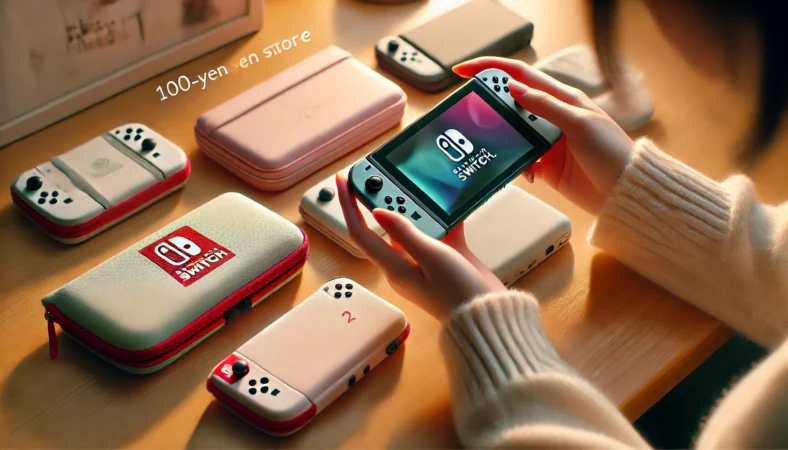 緊急用として使えるSwitch2の100均ケースを検討している日本人の様子。軽量で簡易的な収納を想定したケースが並ぶ。