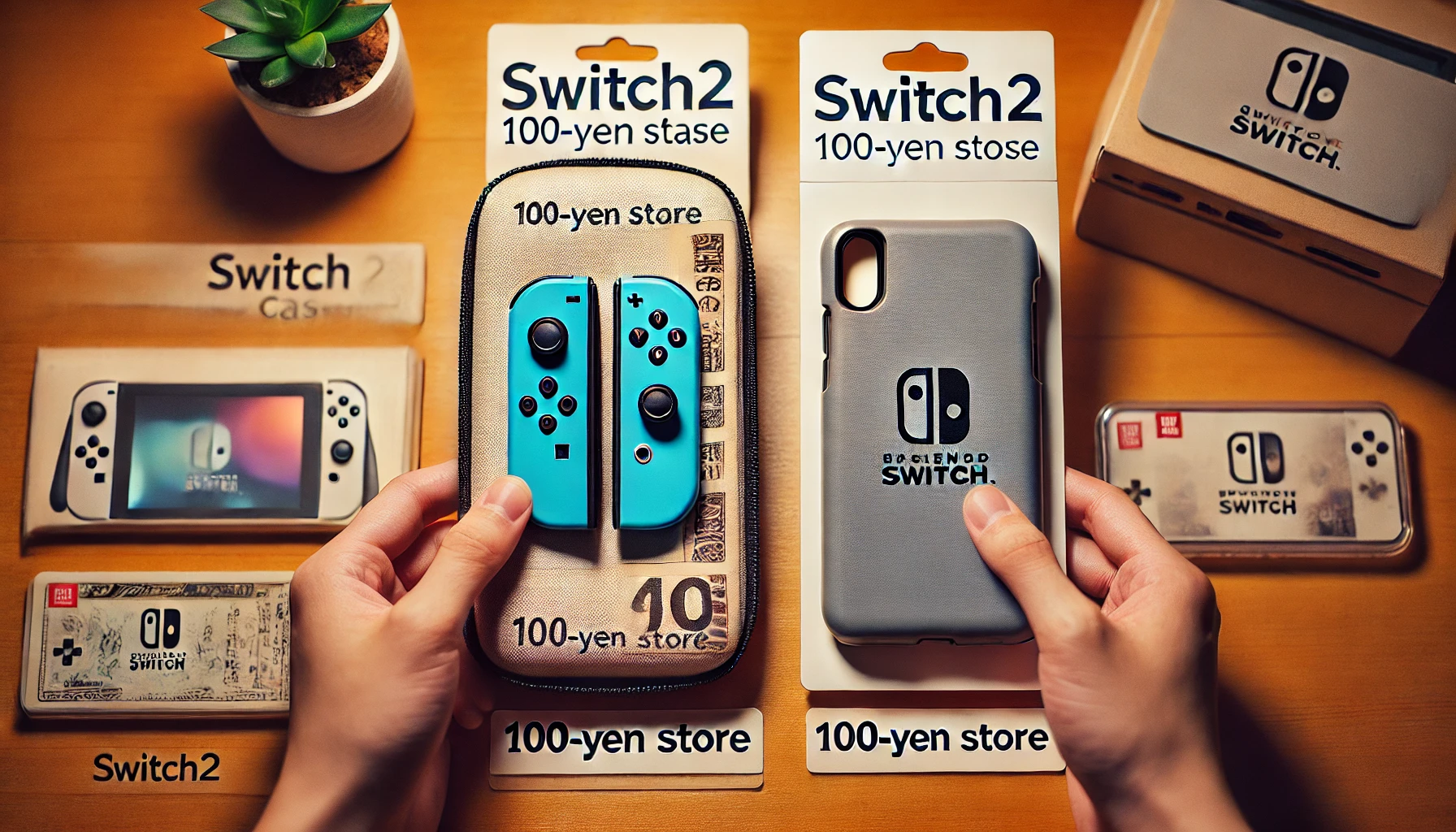日本人が自宅のテーブル上でSwitch2用の100均ソフトケースとハードケースを比較している様子。ケースの厚みや質感の違いが明確に分かる構成。