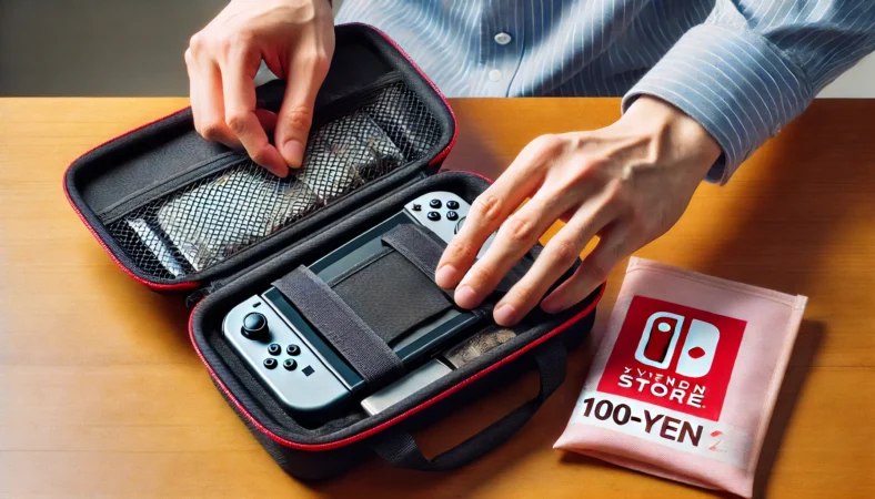 日本人がNintendo Switch2本体を頑丈なハードケースに慎重に収納している様子。横には100均のソフトケースが開いた状態で置かれ、安全性の違いが強調されているデスク上のシーン。