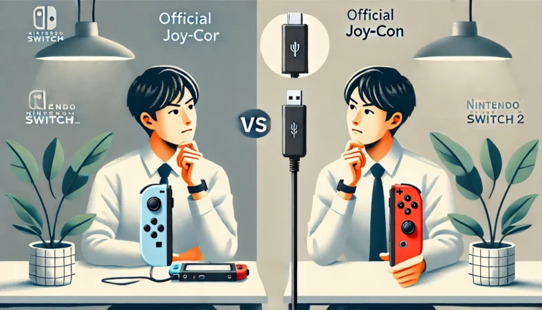 任天堂Switch2の純正充電グリップと付属グリップを比較するシーン。USBケーブルが接続されて充電中のグリップと、未接続のグリップが並び、どちらを選ぶか考えている日本人男性が映っている。