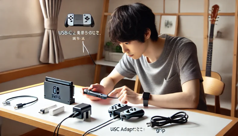 任天堂Switch2のJoy-Con 2を充電グリップで充電中に、ケーブルや接続を丁寧に確認してトラブル対処を行う日本人ユーザー。室内の落ち着いたデスク環境で集中して点検している様子。
