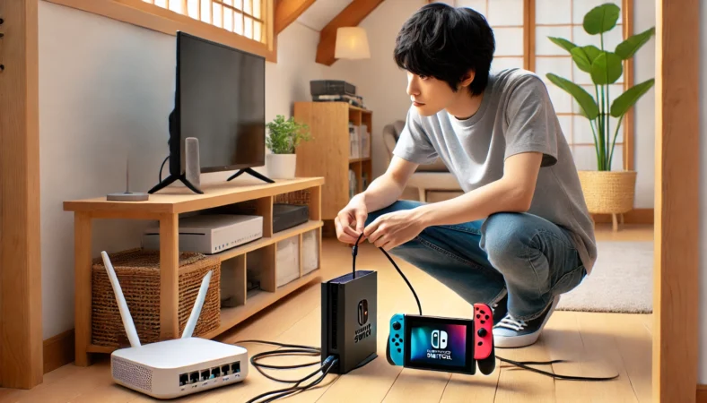 日本人ユーザーがSwitch2ドックにLANケーブルを接続し、モダンな自宅リビングでインターネット環境を最適化している様子。周囲にはWi-Fiルーターやモデムも設置されている。