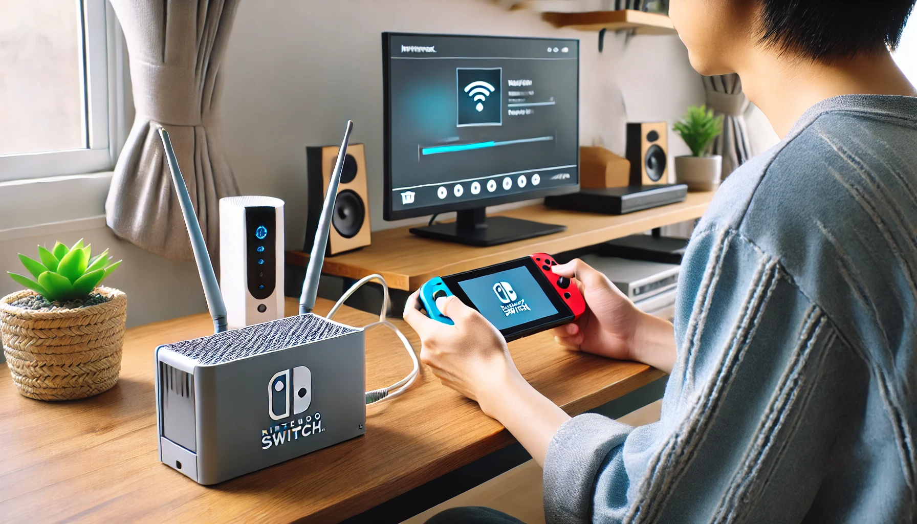 Switch2をLAN接続して安定したインターネット環境でダウンロードしている日本人ユーザーの様子をリアルに描いた室内シーン