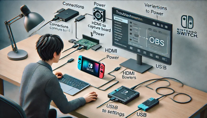 日本人のユーザーがNintendo Switchとパソコンの接続を確認しながらトラブルシューティングを行っている様子。キャプチャーボード、OBS、ケーブル接続などを丁寧にチェックしている場面。