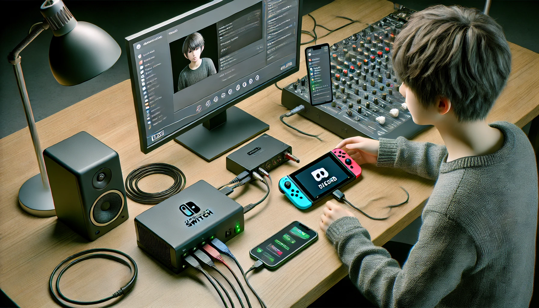 Nintendo Switch、デスクトップPC、スマートフォン、オーディオミキサーを使って、Discord通話と画面共有を設定している日本人のティーンエイジャーのゲーミング環境。