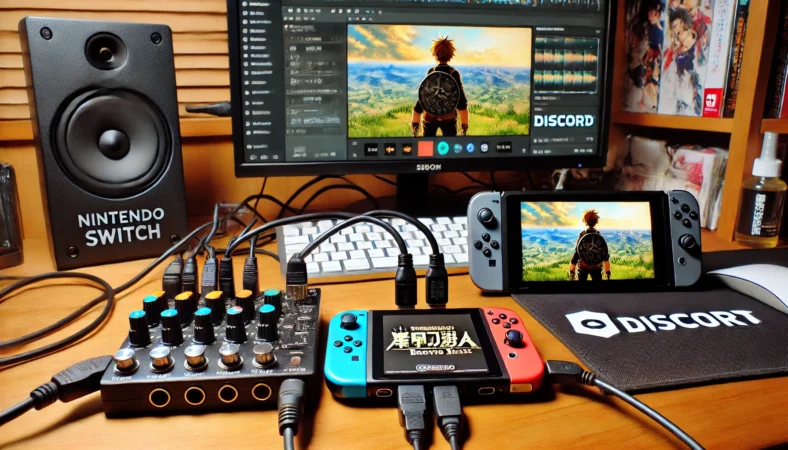 Nintendo SwitchがHDMIでキャプチャーボードに接続され、PCに映像が表示されている日本人ゲーマーのデスク環境。スマートフォンとオーディオミキサーも配置され、SwitchとDiscordの通話・画面共有に必要な構成が整理されたセットアップ。