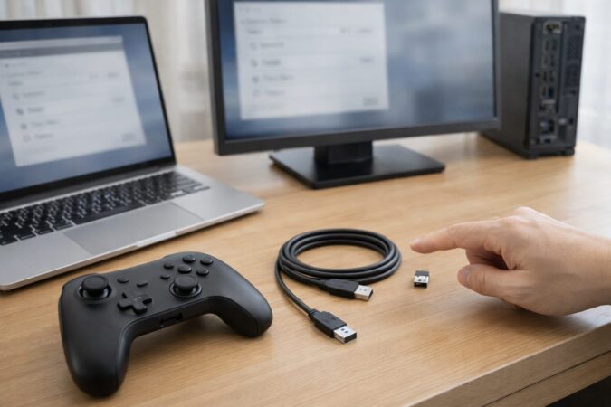 有線で基準を作ってからBluetoothへ移行する流れを示すPCとコントローラーの準備イメージ