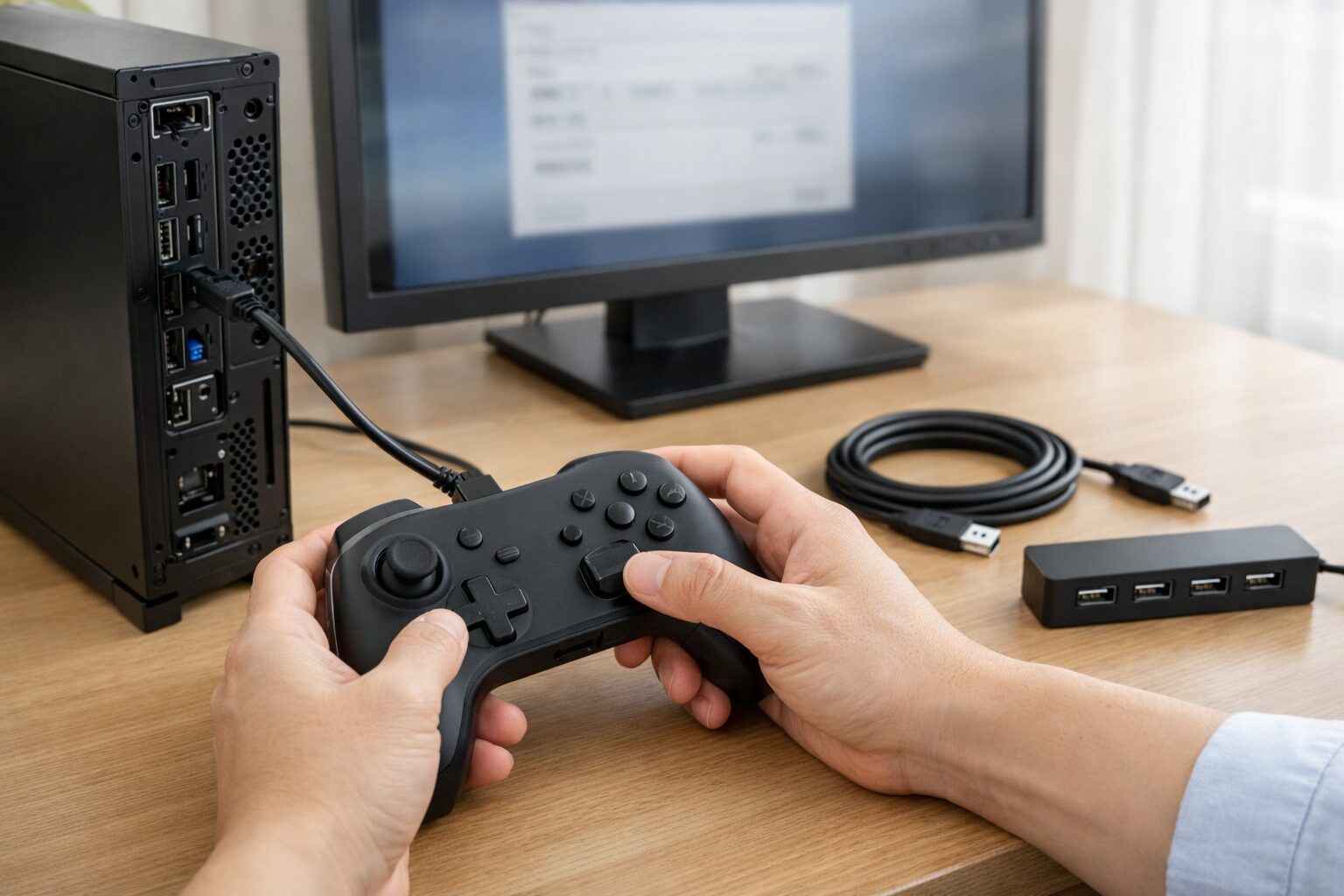 Switch系コントローラーをUSBでPCに直挿しして接続トラブルを切り分けているデスク環境