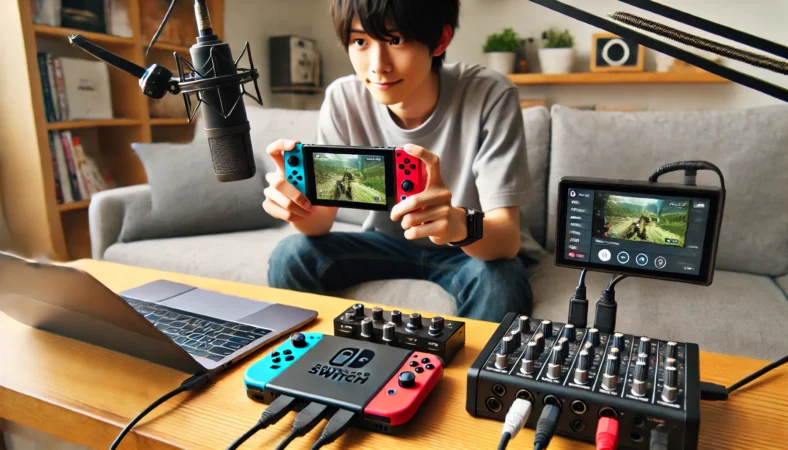 Switchとスマホ、ノートPCを使ってディスコード通話と画面共有をする日本人の若者。Switchはゲーム機として動作し、スマホが通話用、PCが画面共有用として使われる外部運用のイメージを示す。
