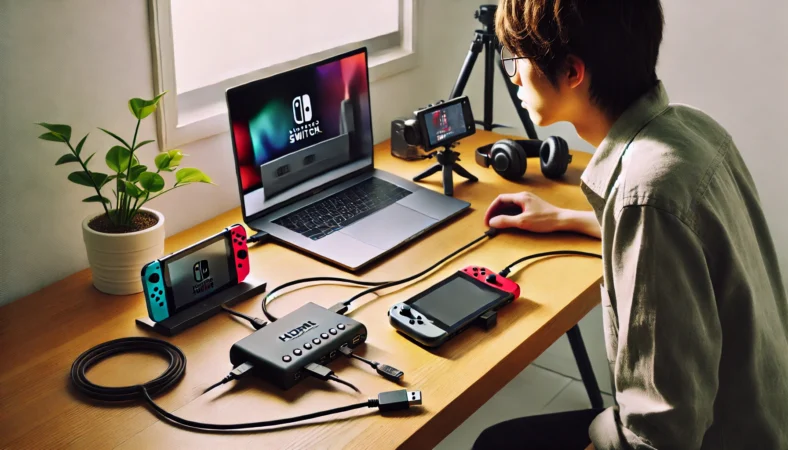 HDMIケーブルでNintendo Switchドックからキャプチャーボード、さらにUSBでノートパソコンへ接続している手順が分かる視覚的なガイドシーン。