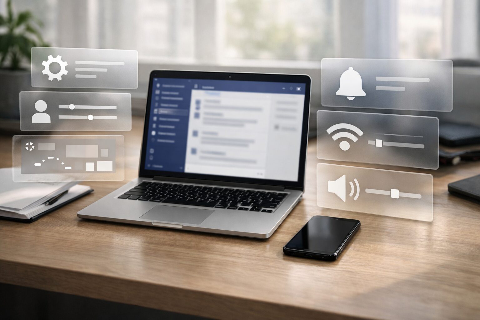 Teams通知トラブルをアプリ設定・OS通知・ネットワーク・音声出力の順に切り分けるデスク上のイメージ