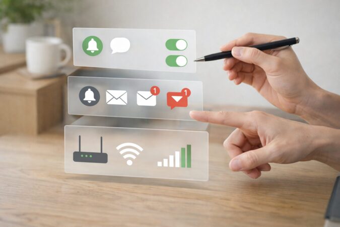 Teams通知トラブルをアプリ設定・OS通知・ネットワークの順に切り分けるイメージ