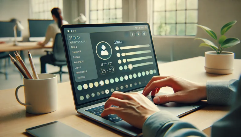 Teamsの退席中表示を防ぐ仕組みを理解するために、ノートPCとCtrlキーを確認する日本人会社員のデスク風景.