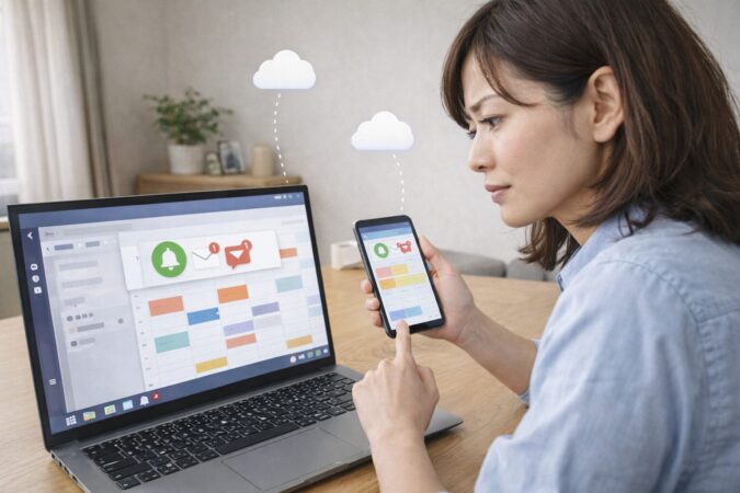 Teamsカレンダー通知が来ないときに予定表示と同期・通知許可を確認するイメージ