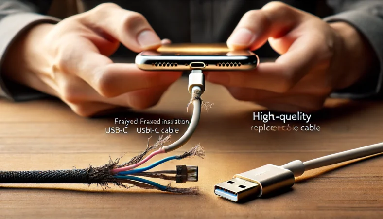 日本人の手が摩耗したUSB-Cケーブルをスマートフォンに接続しようとしている様子。隣に新品の高品質ケーブルが置かれ、劣化ケーブルとの違いが強調されている。