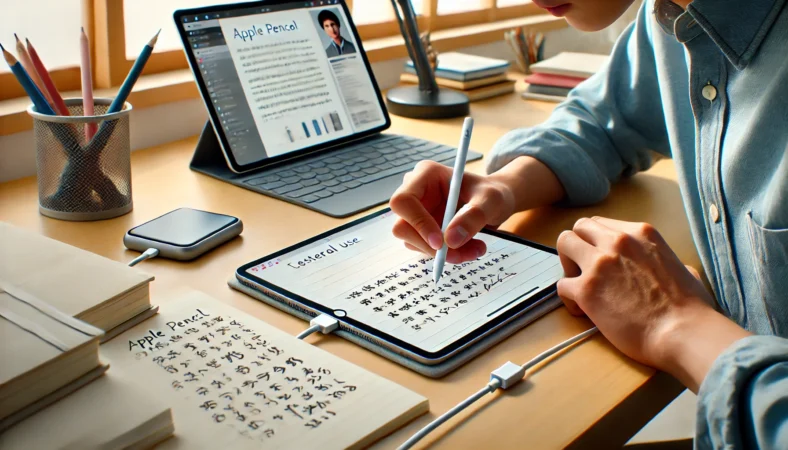 日本人の学生またはビジネスパーソンがiPadでノートやPDFに書き込みをしている様子。Apple Pencil（USB-C）がケーブル接続され、実用重視の作業環境が整っている。