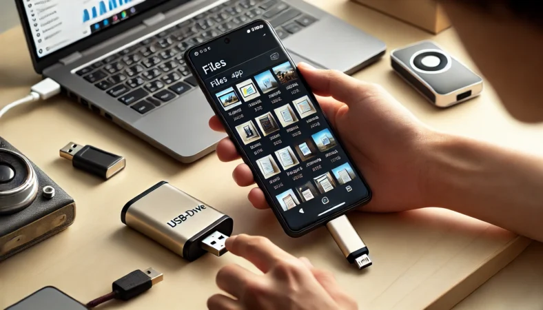 日本人がUSB-C接続のUSBメモリまたはポータブルSSDをAndroidスマートフォンに接続し、FilesアプリでDCIMやPicturesフォルダを外部ストレージへコピーしている様子。整頓された自宅のデスク上で落ち着いた操作をしている。