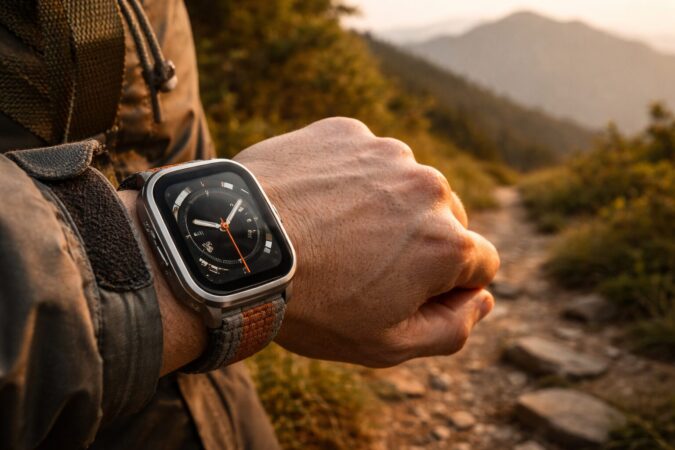 アウトドア向けに情報多めで使う大型スマートウォッチの手元と登山道のイメージ