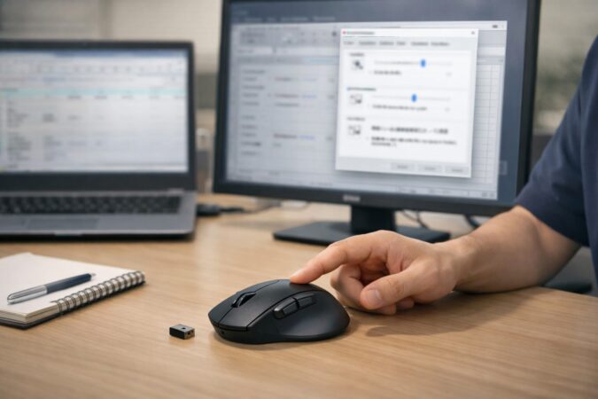 Windows 10の従来型マウスプロパティ画面で基本設定を確認し、作業用環境を整える様子