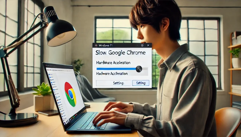 日本人ユーザーがWindows11のノートPCでChromeの設定を開き、ハードウェアアクセラレーションの切り替えを行っている様子。