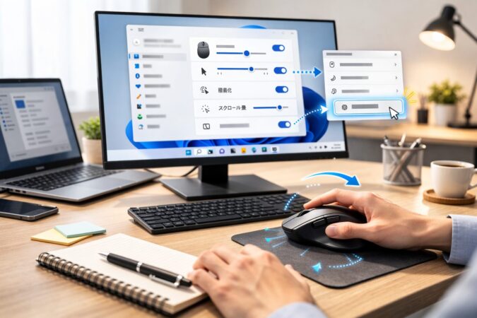 Windows 11環境でポインター速度やスクロール量など標準設定を調整している操作イメージ