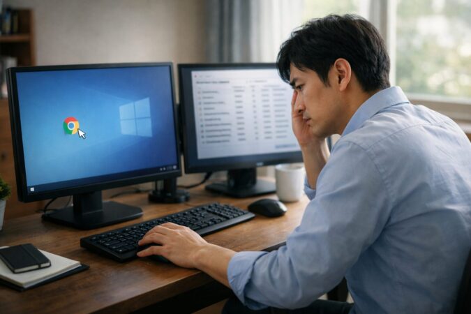 WindowsでChromeが開かないときにタスク終了と再起動で復旧を試す日本人ユーザーの作業イメージ