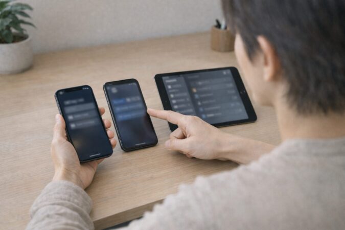 Xのコードが「認証アプリ・Xアプリ内・iPhoneパスワード管理」のどれかで分かれることを整理するイメージ