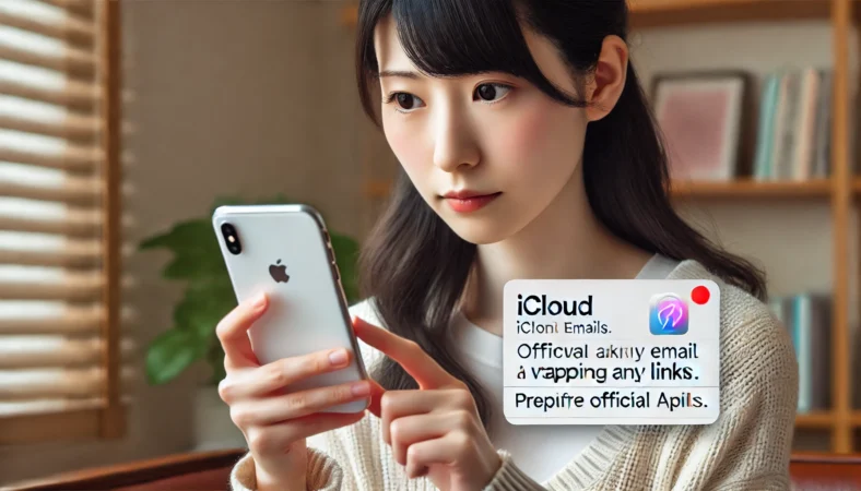 日本人女性がiPhoneの画面をやや不安そうに見つめながら、iCloudから届いたメールの真偽を公式手順で確認しようとしている様子。フィッシング対策としての慎重な行動を表す。