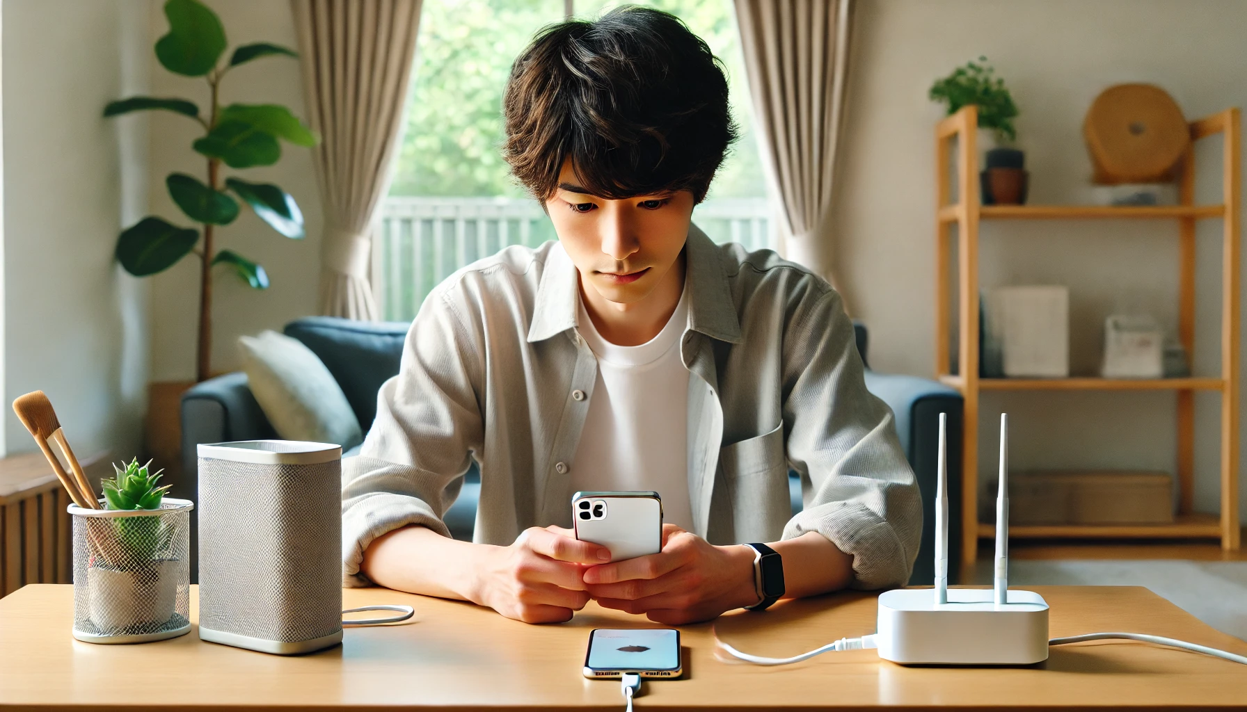 自宅の静かな環境で、電源とWi-Fiに接続されたiPhoneの復元状況を確認する日本人男性。背後にWi-Fiルーターがあり、通信と電源の重要性を示している。