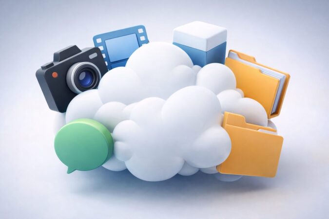 写真・動画・バックアップなどがiCloud容量を圧迫してダウングレードできない原因を示す俯瞰イメージ