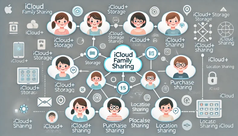 iCloudファミリー共有の構造を示す図解風イラスト。日本人ユーザーのアバターがデジタルで繋がり、ストレージ・購入・位置情報共有のアイコンが配置されている。