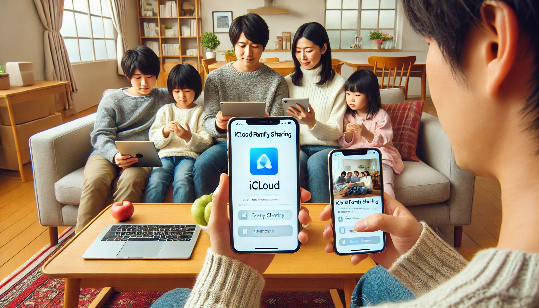日本人家族がリビングでスマートフォンやタブレットを使ってiCloudファミリー共有を設定している様子。自然光が差し込む明るくシンプルな室内。