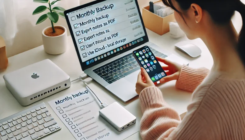 日本人女性がMacBookと外付けSSDを接続し、iPhoneメモのバックアップ運用を準備している様子。再発防止策としての設定風景