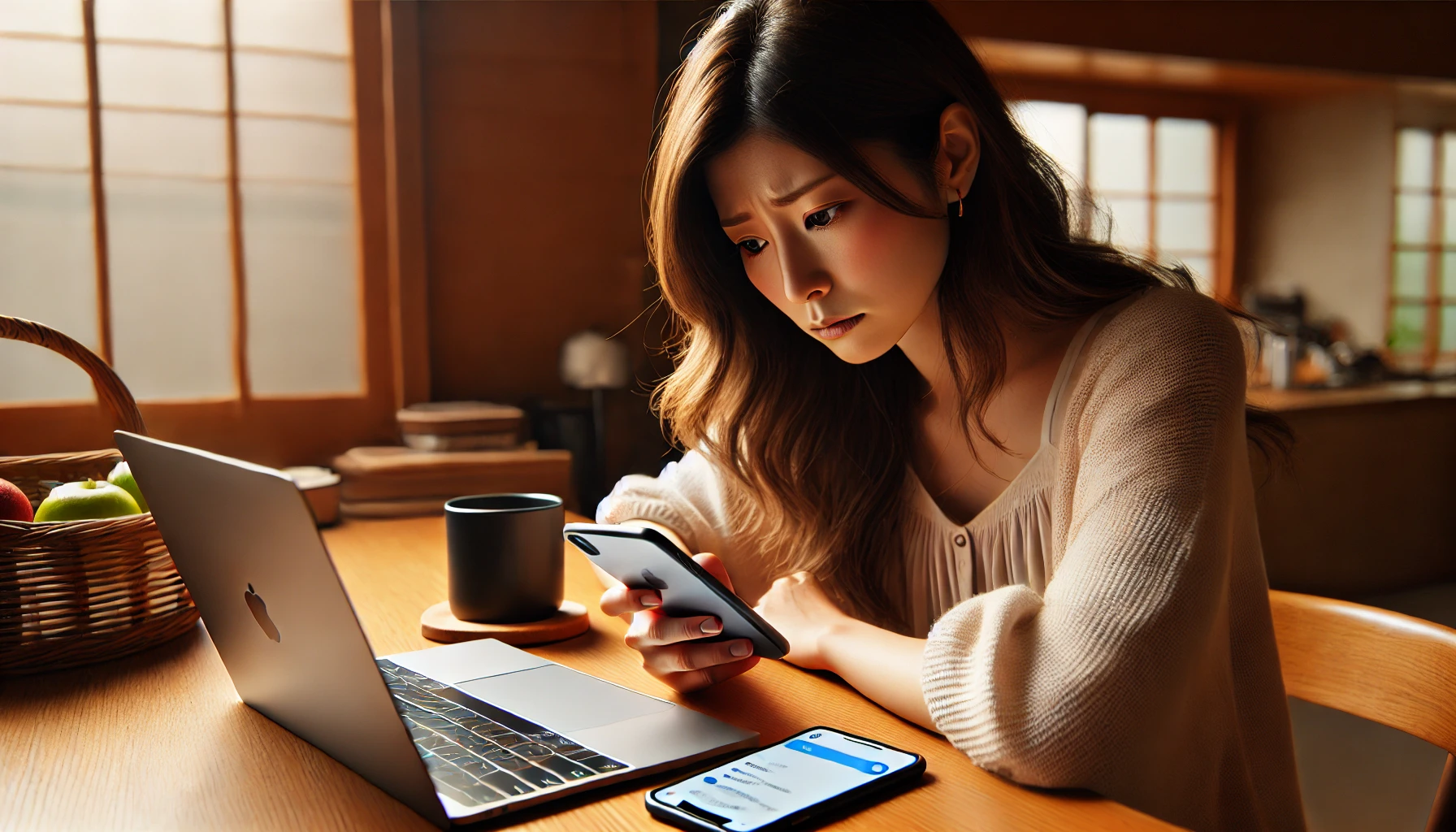 iPhoneでiCloudメモの復元を試みる日本人女性が、自宅のデスクで心配そうにスマートフォンを見つめている様子